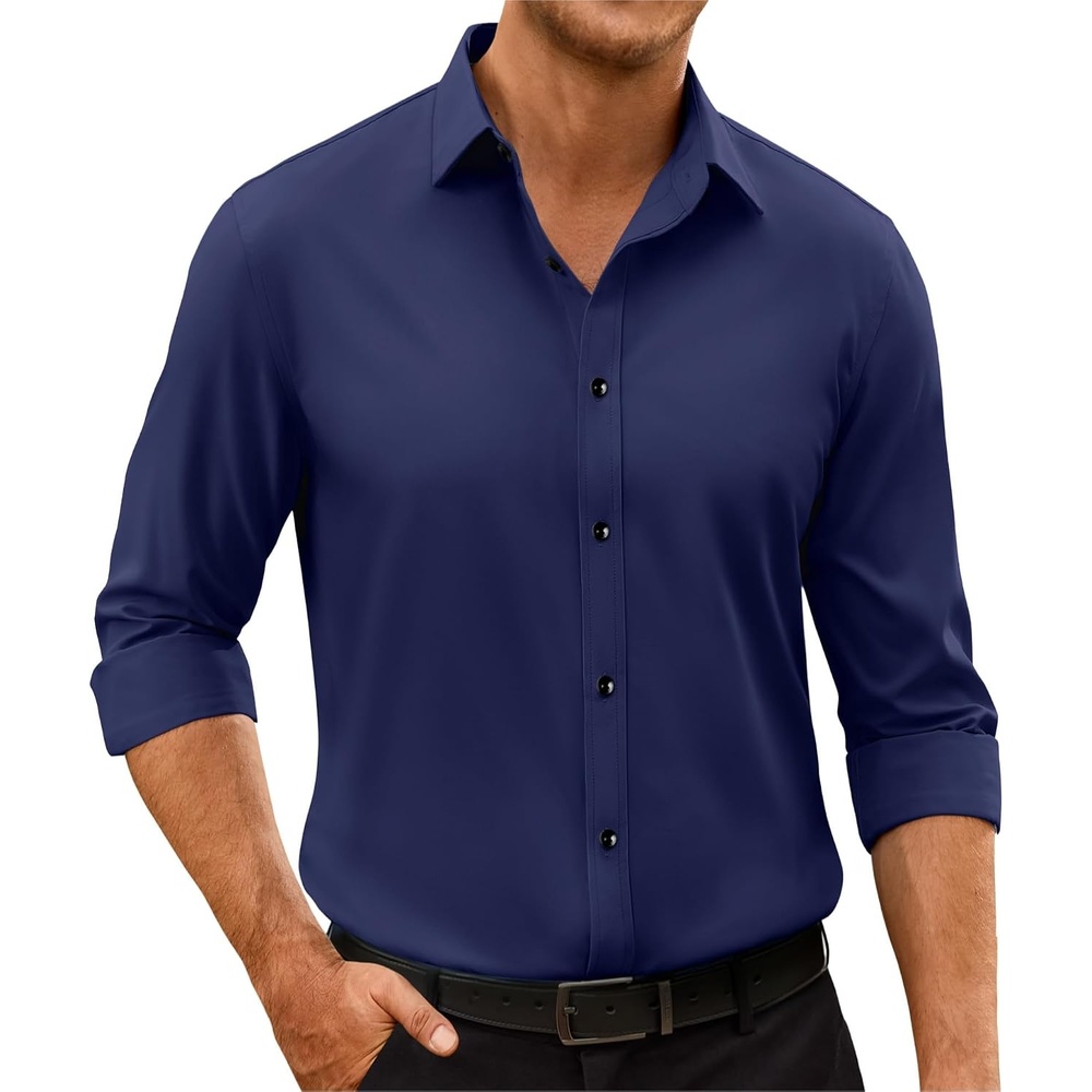 image:imageMens Dress Shirts Odor Resistant Long Sleeve Button Down Shirt StretchyNavy Blue