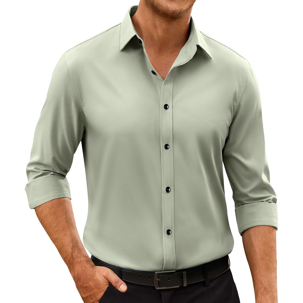 image:imageMens Dress Shirts Odor Resistant Long Sleeve Button Down Shirt StretchySage Green