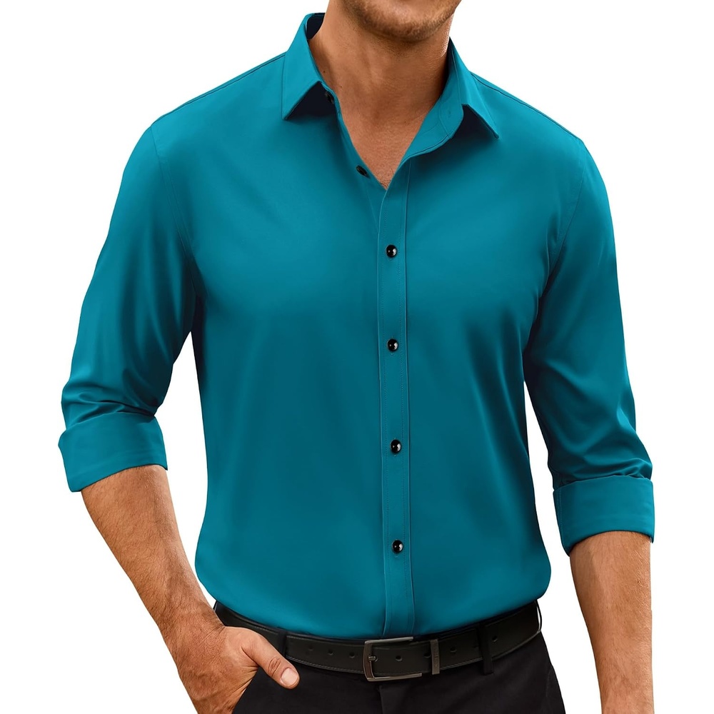 image:imageMens Dress Shirts Odor Resistant Long Sleeve Button Down Shirt StretchyTeal