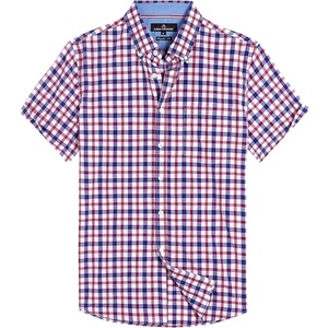 Alimens & Gentle Plaid Mens Short Sleeve Button Down Shirts with Pocket(Red Navy Check)