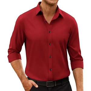 Mens Dress Shirts Odor Resistant Long Sleeve Button Down Shirt, Stretchy(Red)