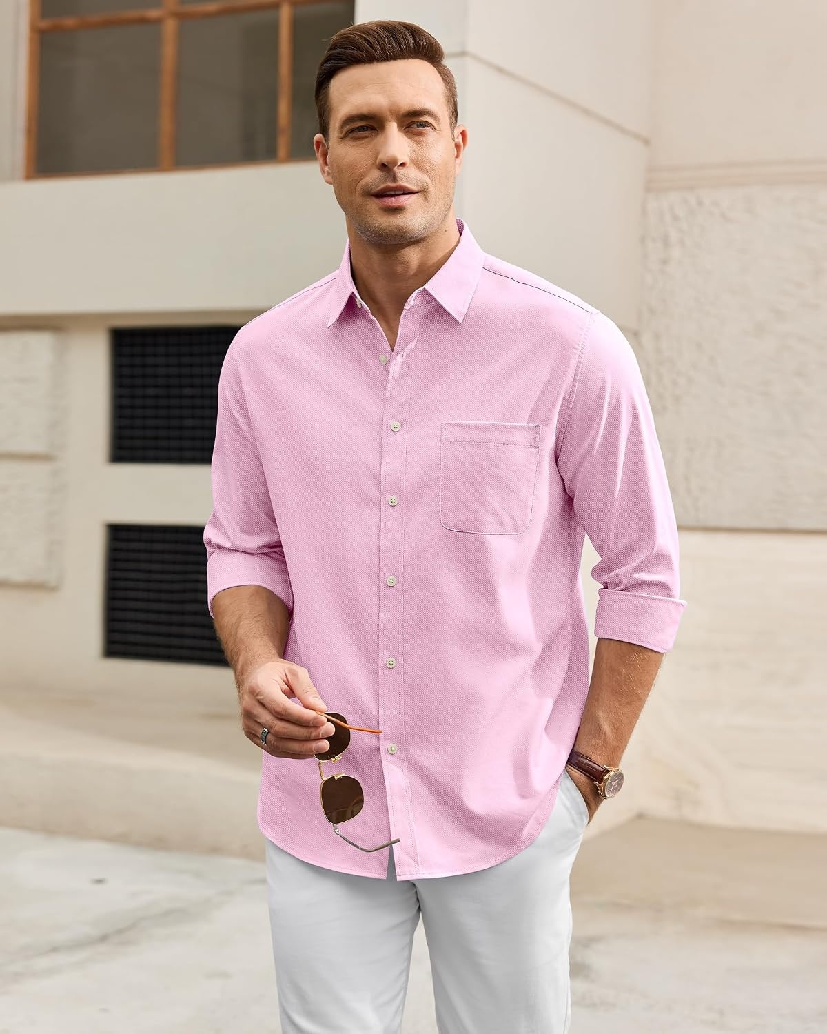 image:imageAlimens amp Gentle Mens Oxford Shirt Stretch Long Sleeve Button Down ShirtsLight Pink