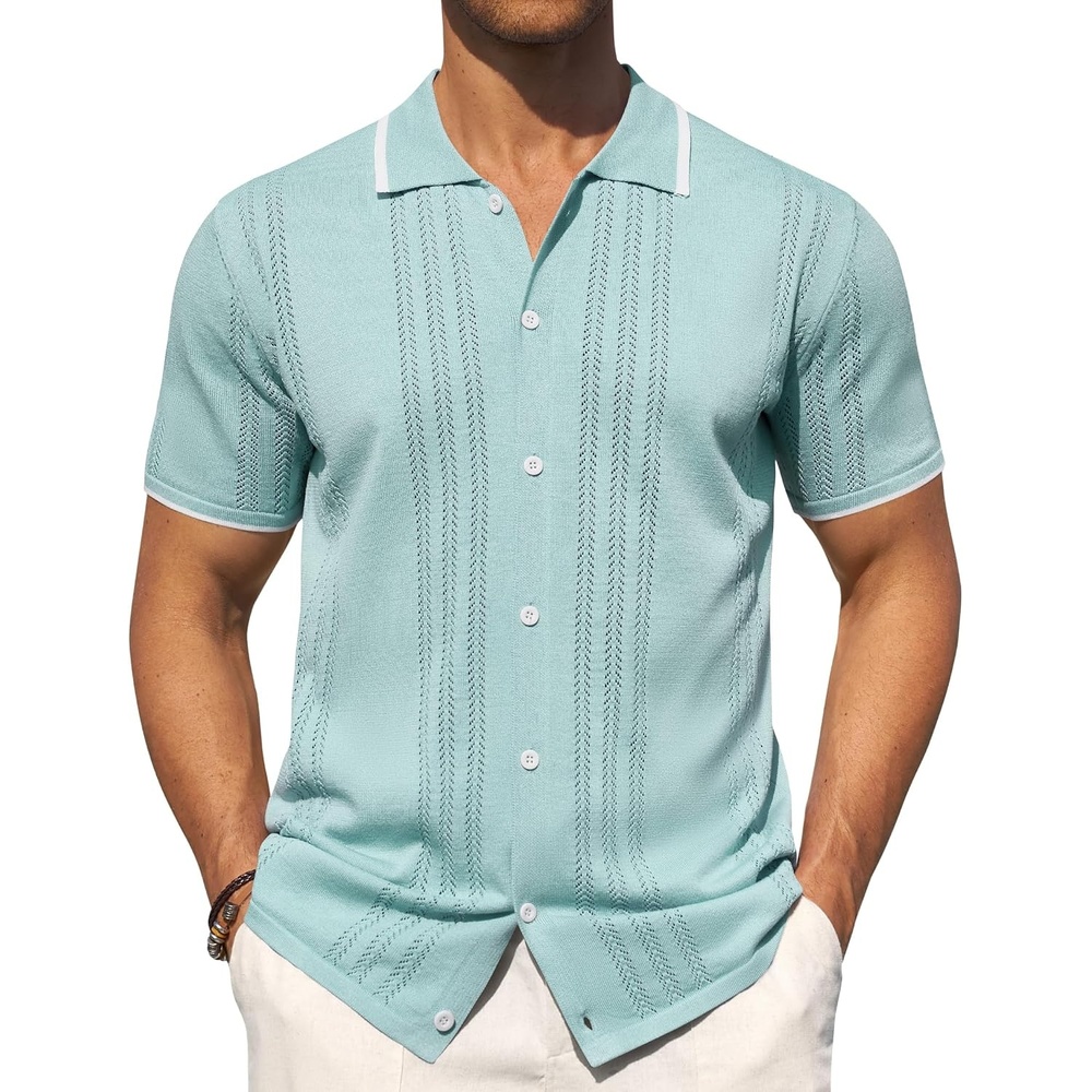 image:imageMens Knit Shirt Short Sleeve Button Down Shirt Textured Casual Summer TopsLight Green