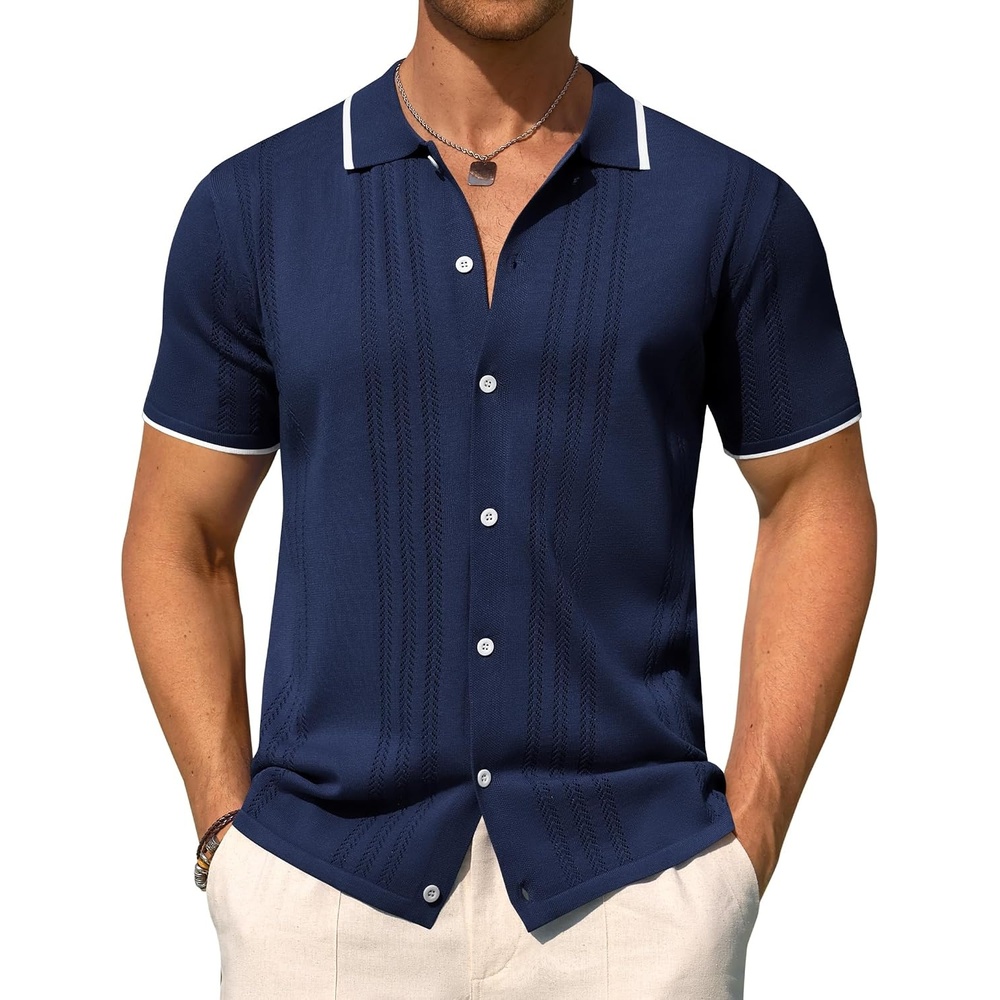 image:imageMens Knit Shirt Short Sleeve Button Down Shirt Textured Casual Summer TopsNavy Blue