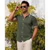 Mens Knit Shirt Short Sleeve Button Down Shirt Textured Casual Summer Tops(Army Green)