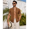Mens Knit Shirt Short Sleeve Button Down Shirt Textured Casual Summer Tops(Brown)