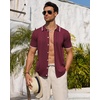 Mens Knit Shirt Short Sleeve Button Down Shirt Textured Casual Summer Tops(Burgundy)