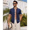 Mens Knit Shirt Short Sleeve Button Down Shirt Textured Casual Summer Tops(Navy Blue)