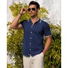 Mens Knit Shirt Short Sleeve Button Down Shirt Textured Casual Summer Tops(Navy Blue)