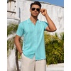 Mens Knit Shirt Short Sleeve Button Down Shirt Textured Casual Summer Tops(Teal)