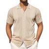 Mens Knit Shirt Short Sleeve Button Down Shirt Textured Casual Summer Tops(Beige)