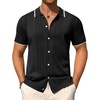 Mens Knit Shirt Short Sleeve Button Down Shirt Textured Casual Summer Tops(Black)
