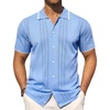 Mens Knit Shirt Short Sleeve Button Down Shirt Textured Casual Summer Tops(Blue)