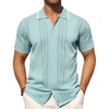 Mens Knit Shirt Short Sleeve Button Down Shirt Textured Casual Summer Tops(Light Green)