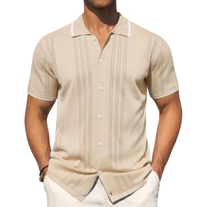Mens Knit Shirt Short Sleeve Button Down Shirt Textured Casual Summer Tops(Beige)