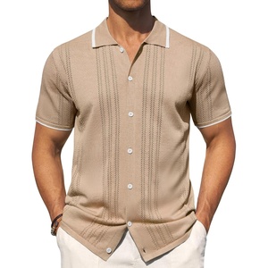 Mens Knit Shirt Short Sleeve Button Down Shirt Textured Casual Summer Tops(Khaki)