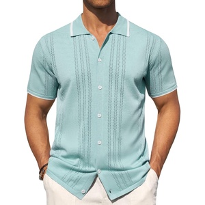 Mens Knit Shirt Short Sleeve Button Down Shirt Textured Casual Summer Tops(Light Green)