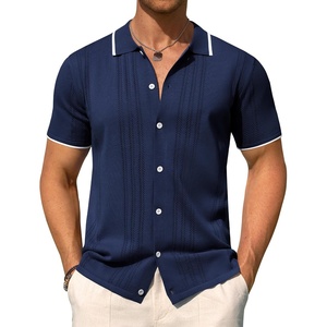 Mens Knit Shirt Short Sleeve Button Down Shirt Textured Casual Summer Tops(Navy Blue)
