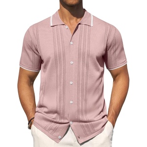 Mens Knit Shirt Short Sleeve Button Down Shirt Textured Casual Summer Tops(Pink)