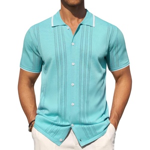 Mens Knit Shirt Short Sleeve Button Down Shirt Textured Casual Summer Tops(Teal)