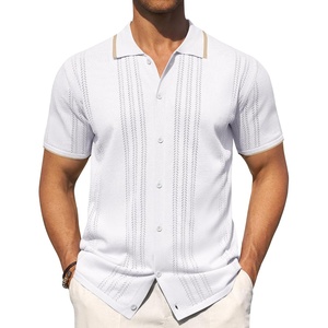 Mens Knit Shirt Short Sleeve Button Down Shirt Textured Casual Summer Tops(White)