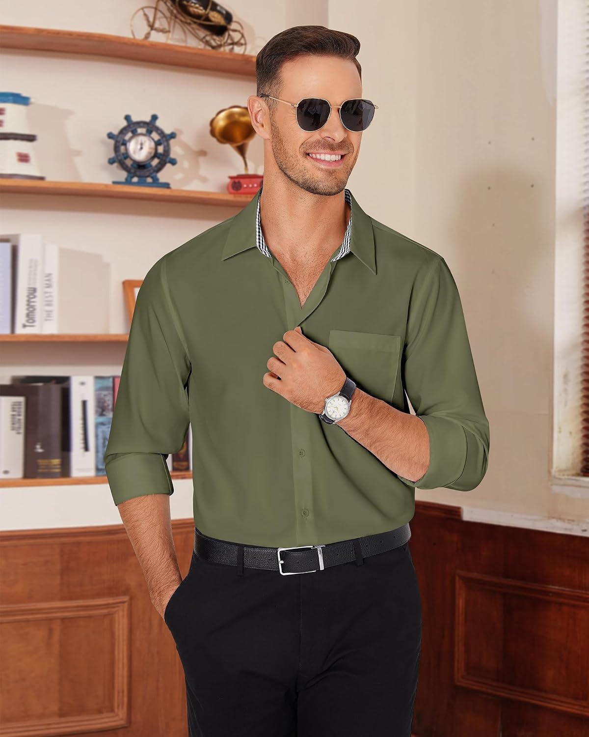 image:imageAlimens amp Gentle Mens Dress Shirt Long Sleeve Button Down Shirt with PocketArmy Green