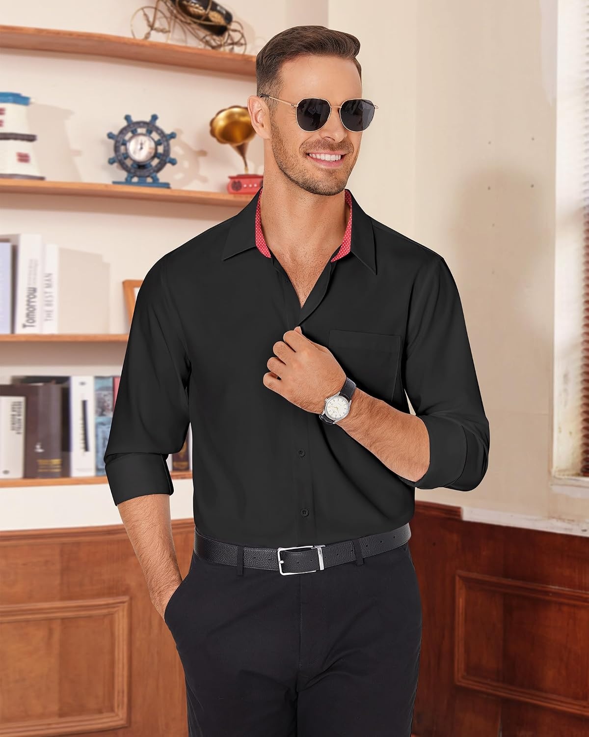 image:imageAlimens amp Gentle Mens Dress Shirt Long Sleeve Button Down Shirt with PocketBlackred Polka Dots
