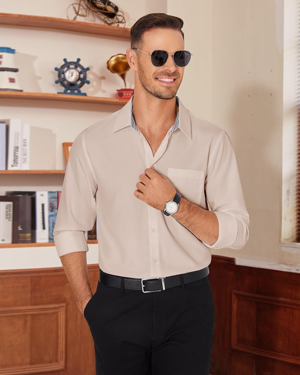 image:imageAlimens amp Gentle Mens Dress Shirt Long Sleeve Button Down Shirt with PocketKhaki