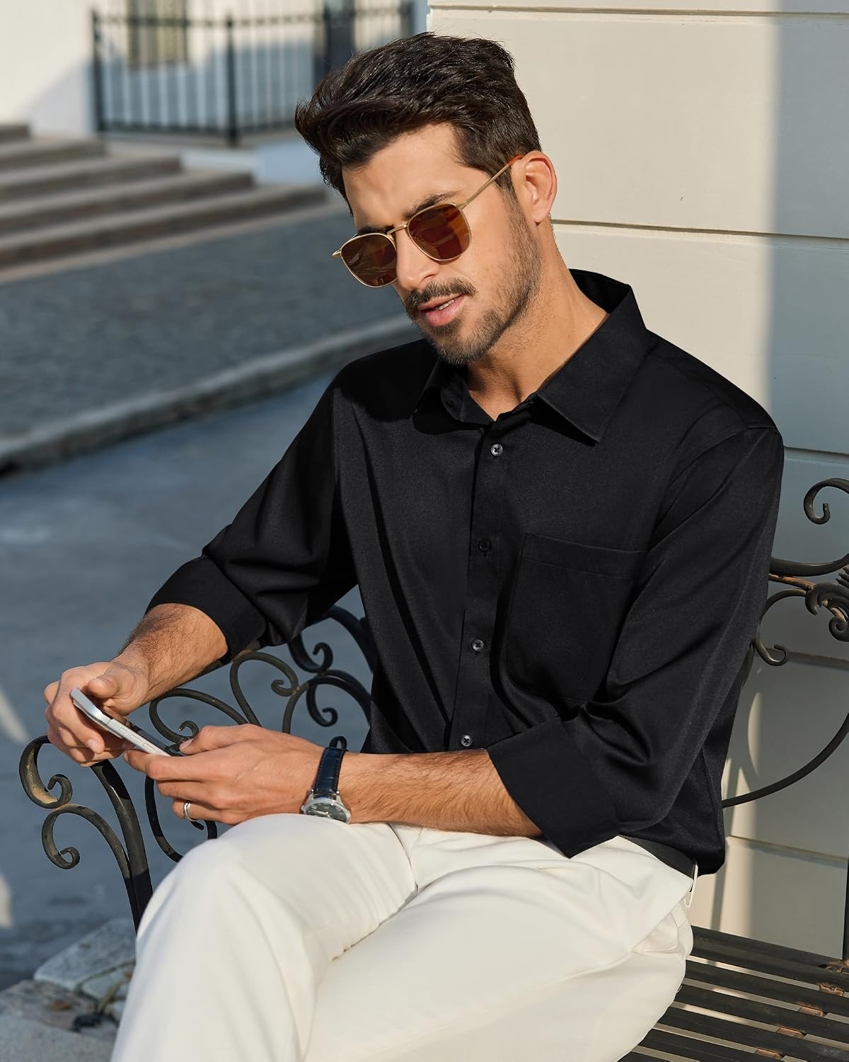 image:imageAlimens amp Gentle Mens Black Dress Shirt UPF 50 Solid Collared Shirt Wrinkle Free Office Business Button Down Shirt Pocket