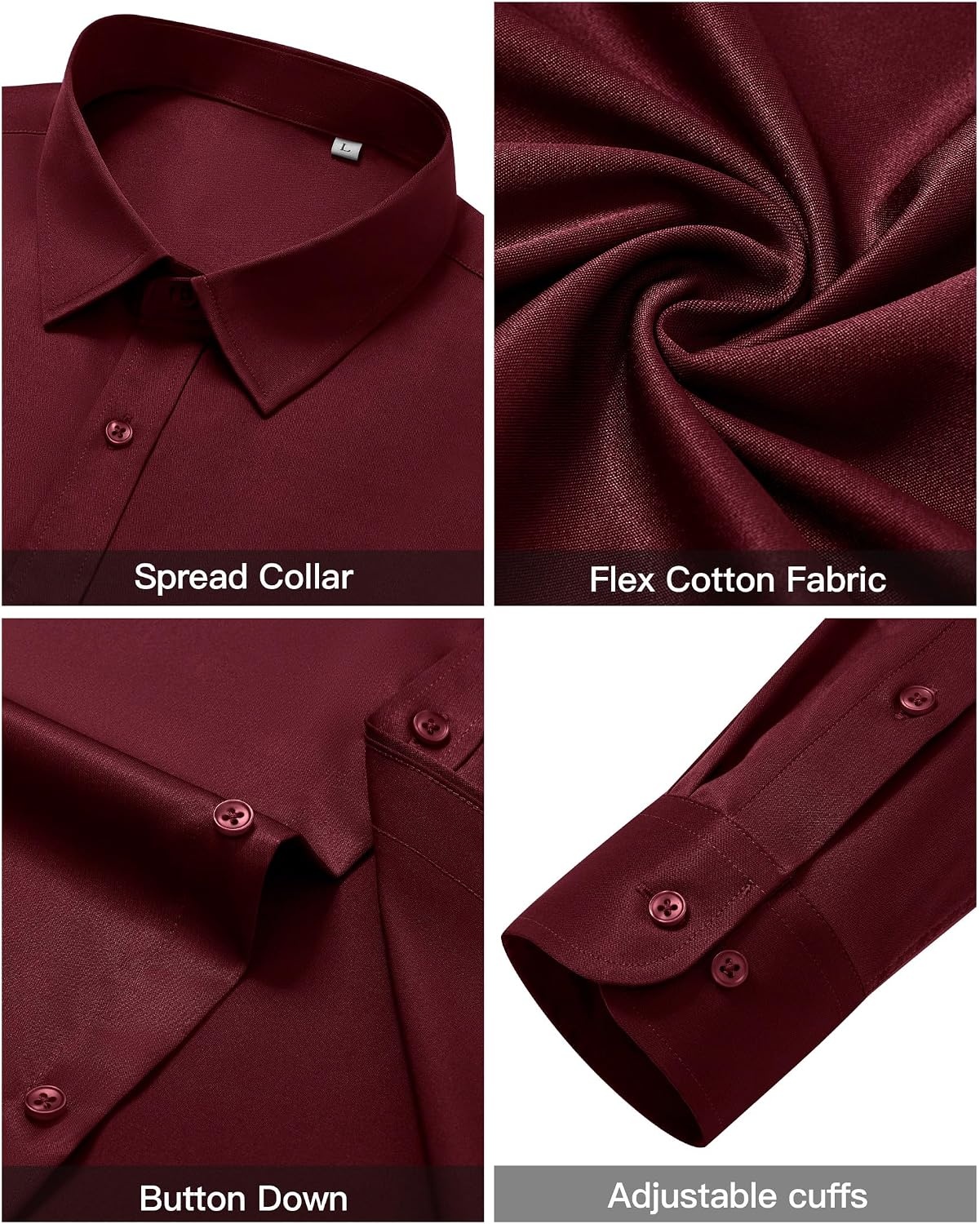 image:imageAlimens amp Gentle Mens Burgundy Dress Shirt Stretch Long Sleeve Button Down Shirt Fashion Solid Date Night Collared Shirt