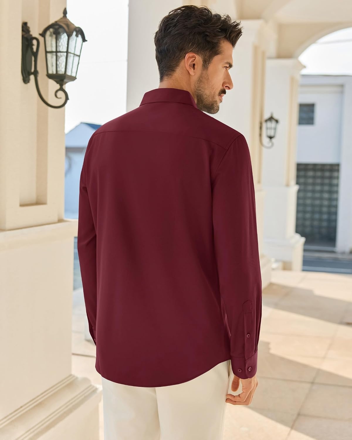 image:imageAlimens amp Gentle Mens Burgundy Dress Shirt Stretch Long Sleeve Button Down Shirt Fashion Solid Date Night Collared Shirt