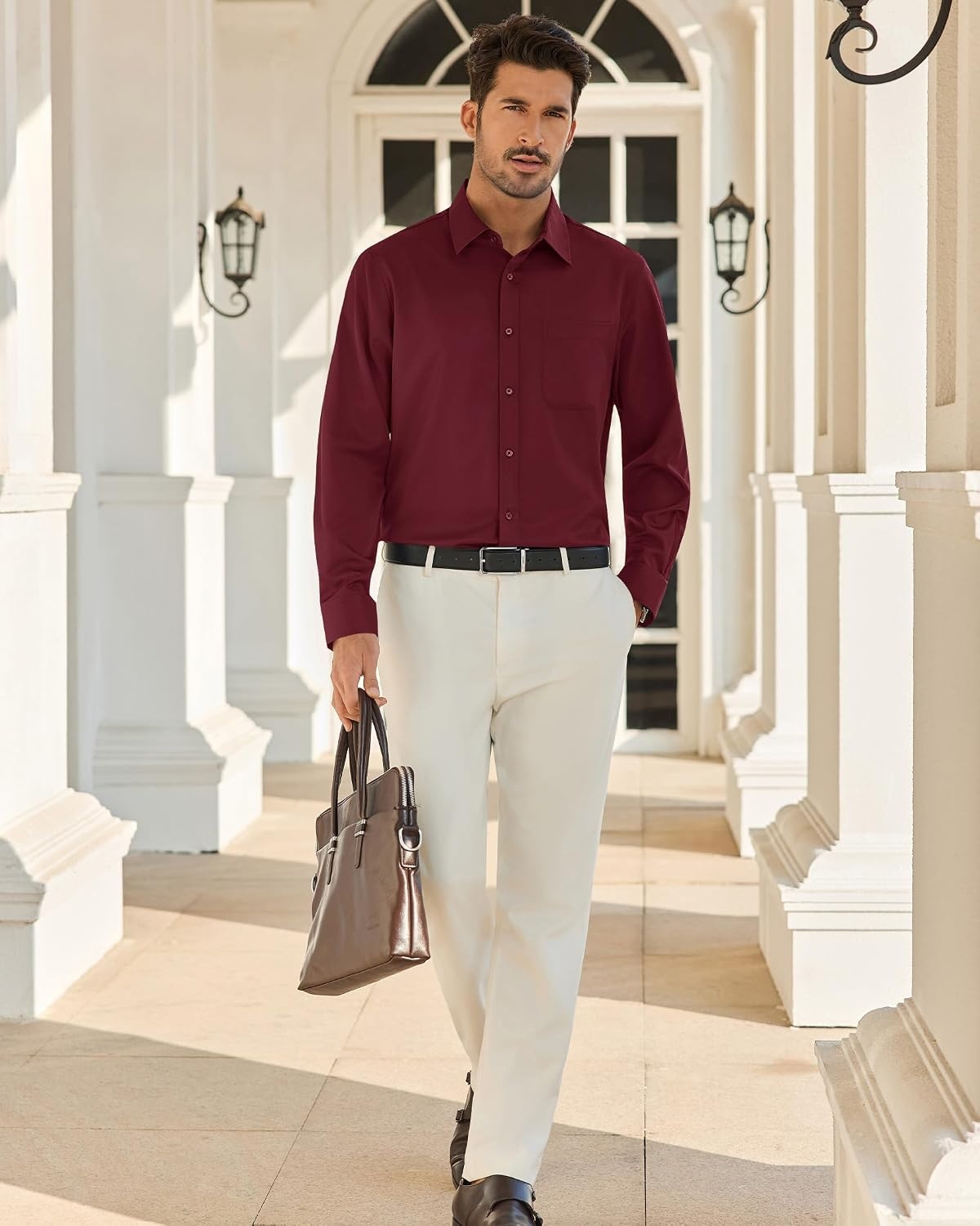 image:imageAlimens amp Gentle Mens Burgundy Dress Shirt Stretch Long Sleeve Button Down Shirt Fashion Solid Date Night Collared Shirt