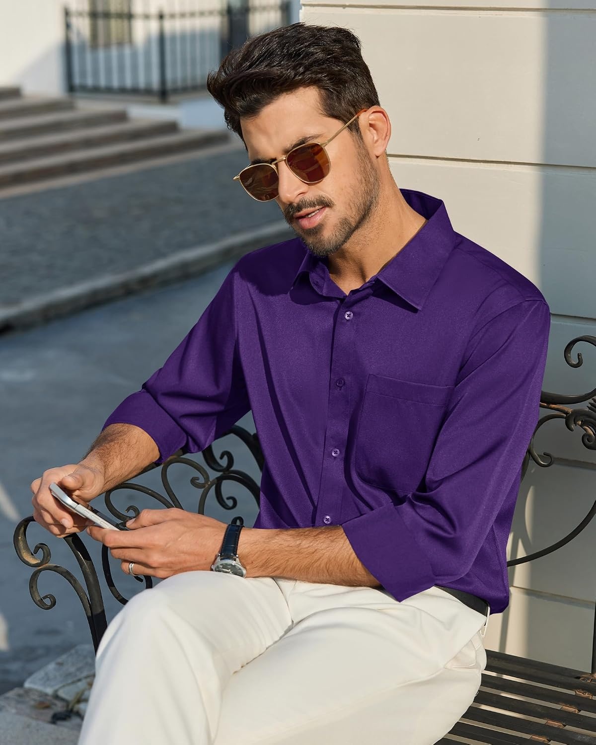 image:imageAlimens amp Gentle Mens Purple Dress Shirt Stretch Long Sleeve Button Down Shirt Dressy Sun Protection Business Work Shirts