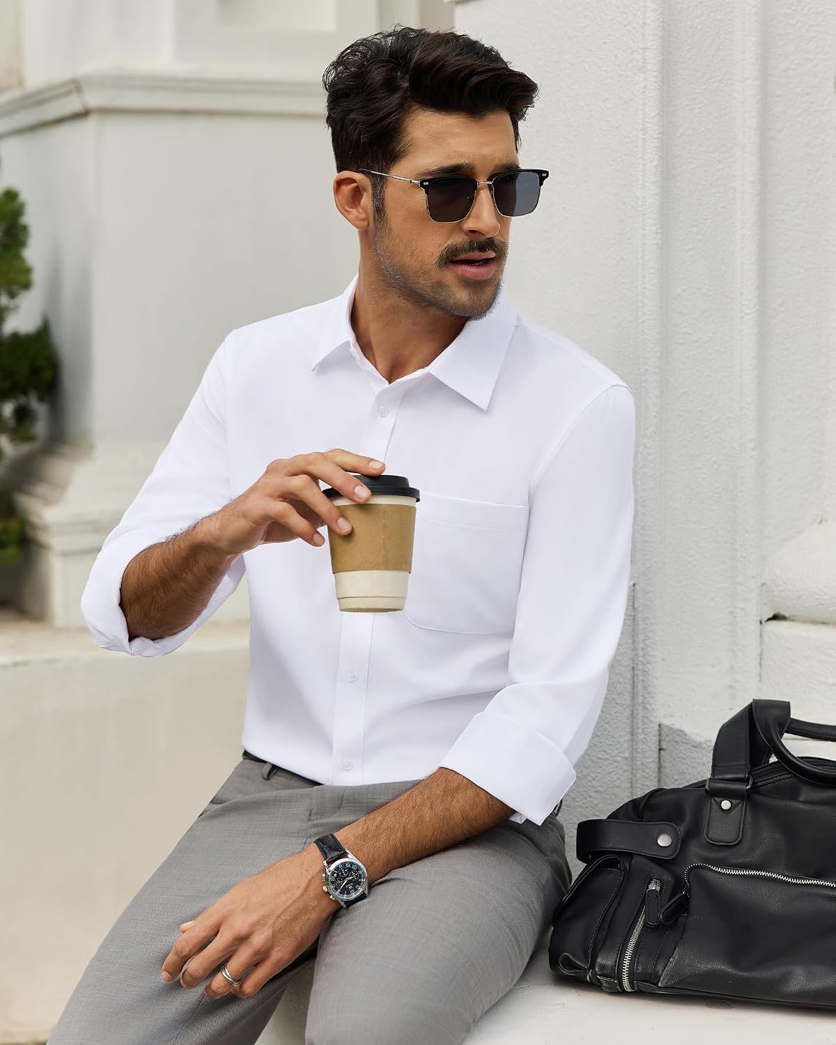 image:imageAlimens amp Gentle Mens White Dress Shirt Long Sleeve 4Way Stretch UPF 50 Sun Protection Shirt Shopping Button Down Shirt