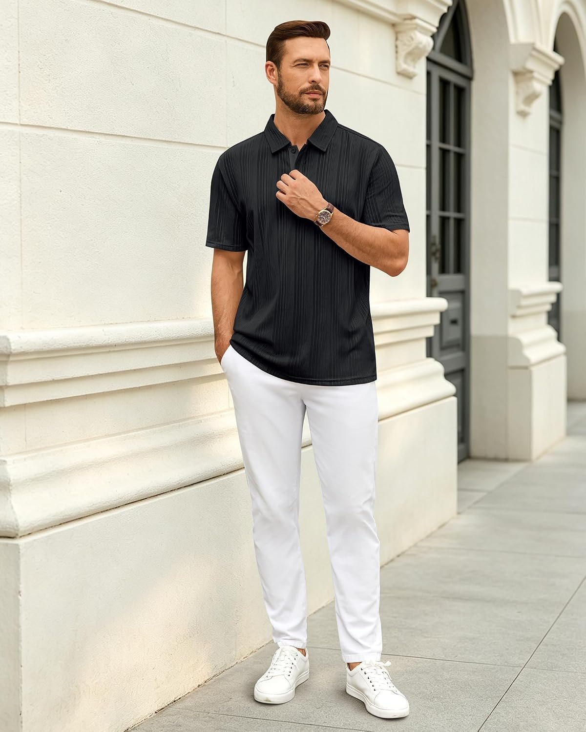 image:imageMens Polo Shirts Short Sleeve Knit Stretch Lightweight Casual Summer ShirtBlack