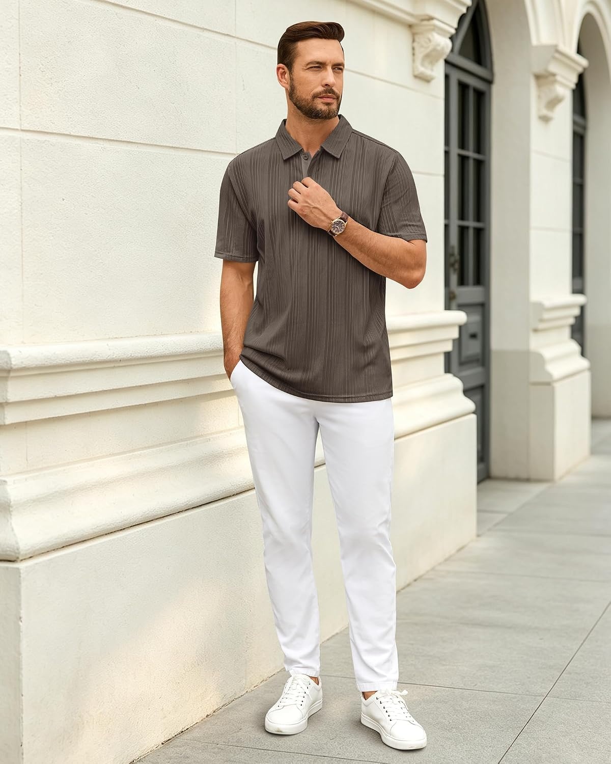 image:imageMens Polo Shirts Short Sleeve Knit Stretch Lightweight Casual Summer ShirtBrown