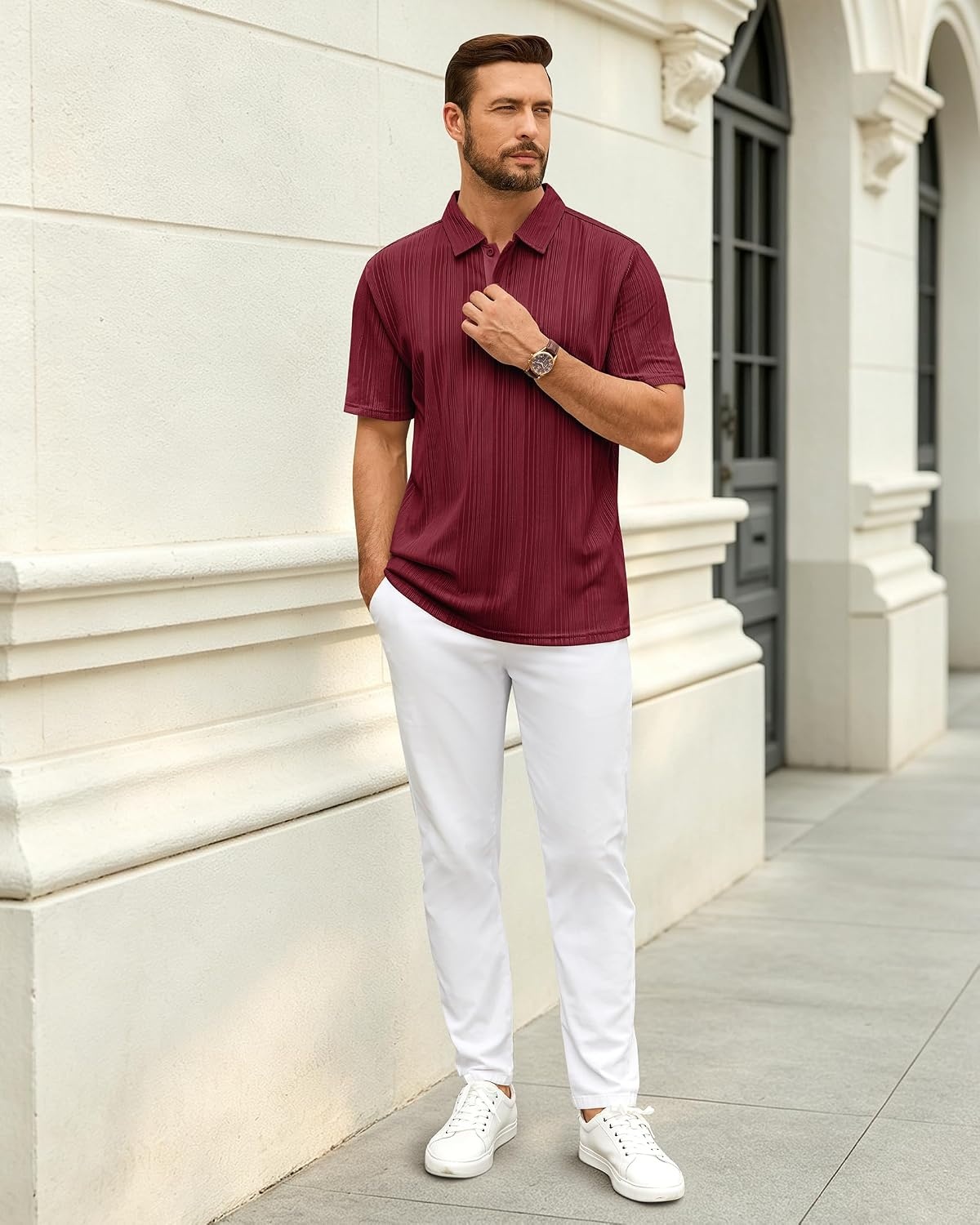 image:imageMens Polo Shirts Short Sleeve Knit Stretch Lightweight Casual Summer ShirtBurgundy