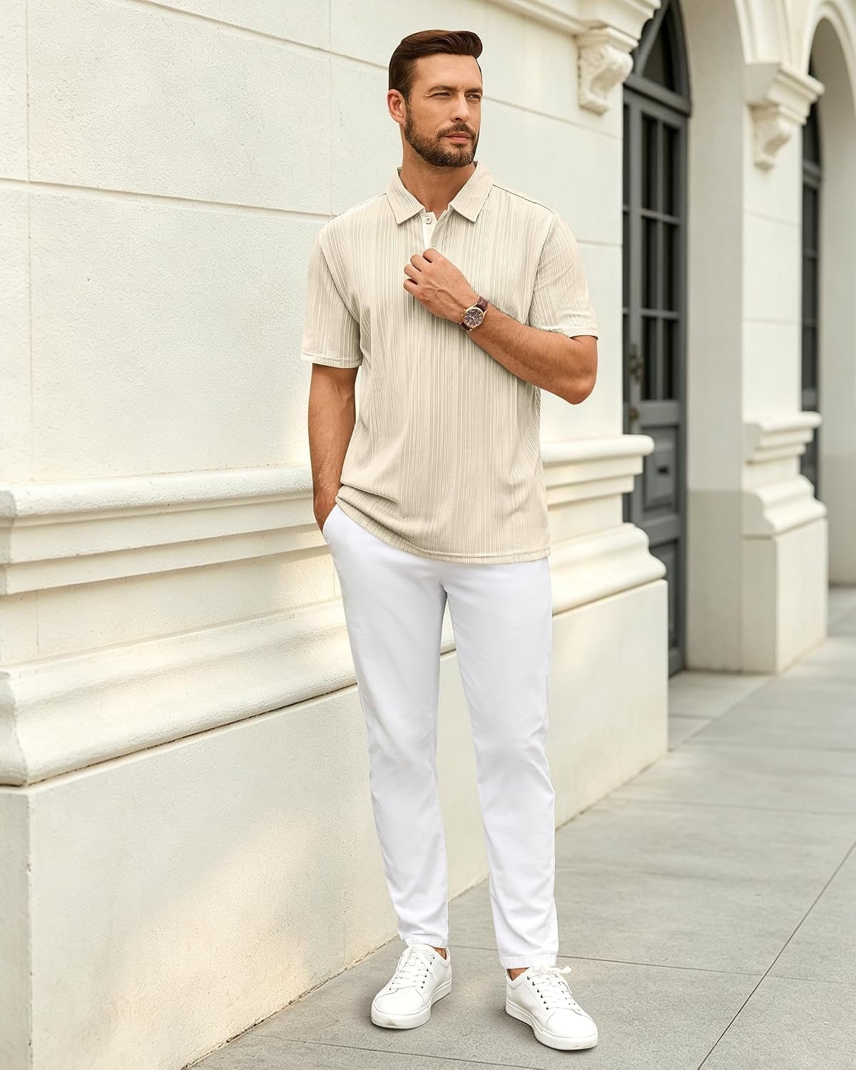 image:imageMens Polo Shirts Short Sleeve Knit Stretch Lightweight Casual Summer ShirtCream