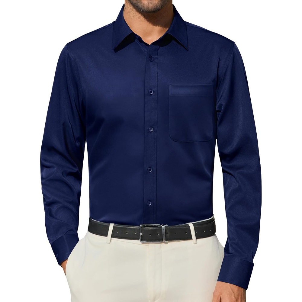image:imageAlimens amp Gentle Navy Blue Mens Dress Shirts 4Way Stretch Long Sleeve Collared Shirt Pocket Office Work Button Down Shirt