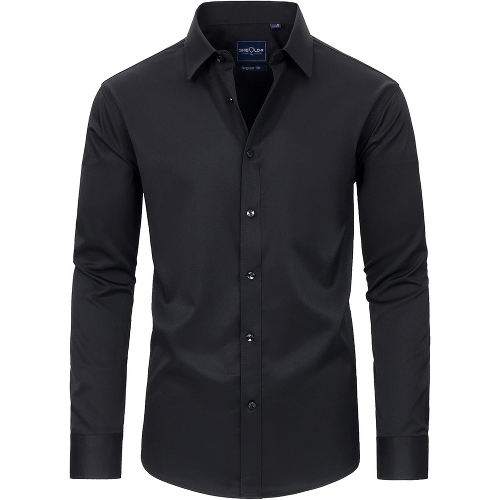 image:imageMens Black Dress Shirt Slim Fit Stretch Long Sleeve Wrinkle Free Shirts