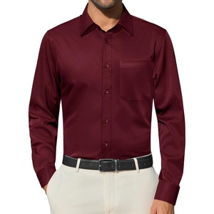 Alimens & Gentle Mens Burgundy Dress Shirt Stretch Long Sleeve Button Down Shirt Fashion Solid Date Night Collared Shirt