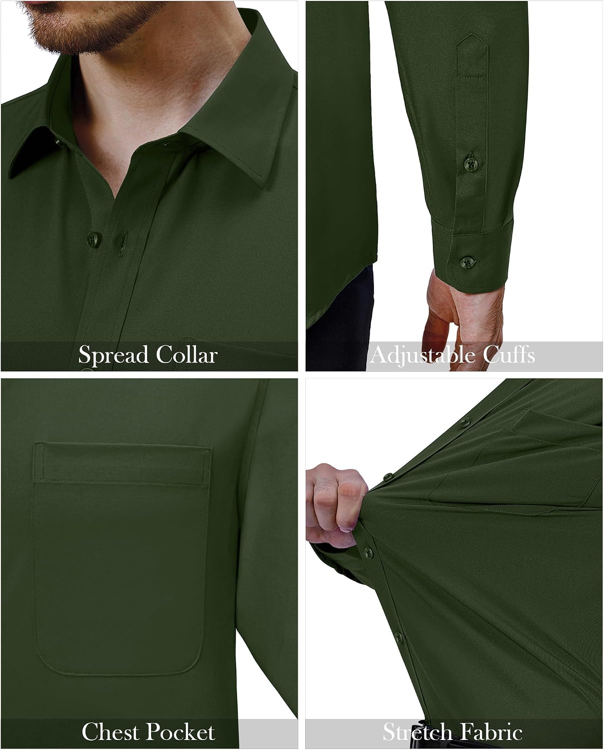 image:imageAlimens amp Gentle Mens Dress Shirts Long Sleeve Stretch Button Down ShirtArmy Green