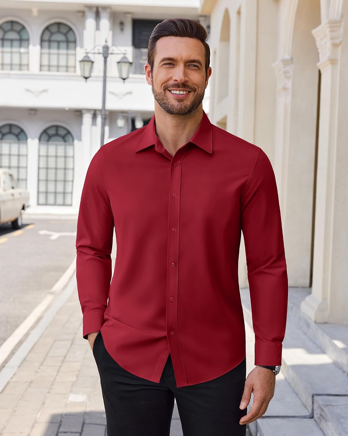 image:imageAlimens amp Gentle Stretch Dress Shirt for Men Button Down Long Sleeve ShirtBurgundy