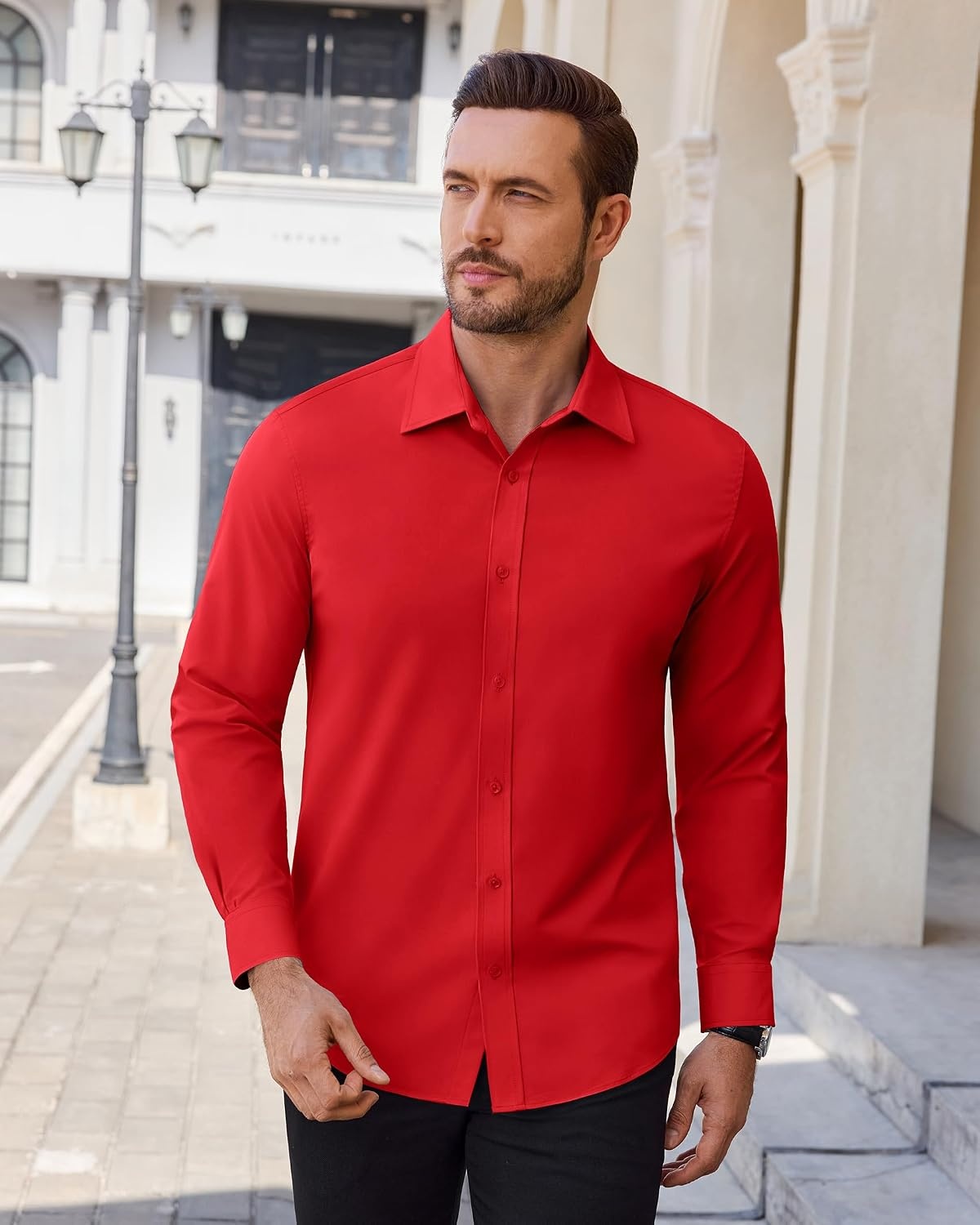 image:imageAlimens amp Gentle Stretch Dress Shirt for Men Button Down Long Sleeve ShirtRed