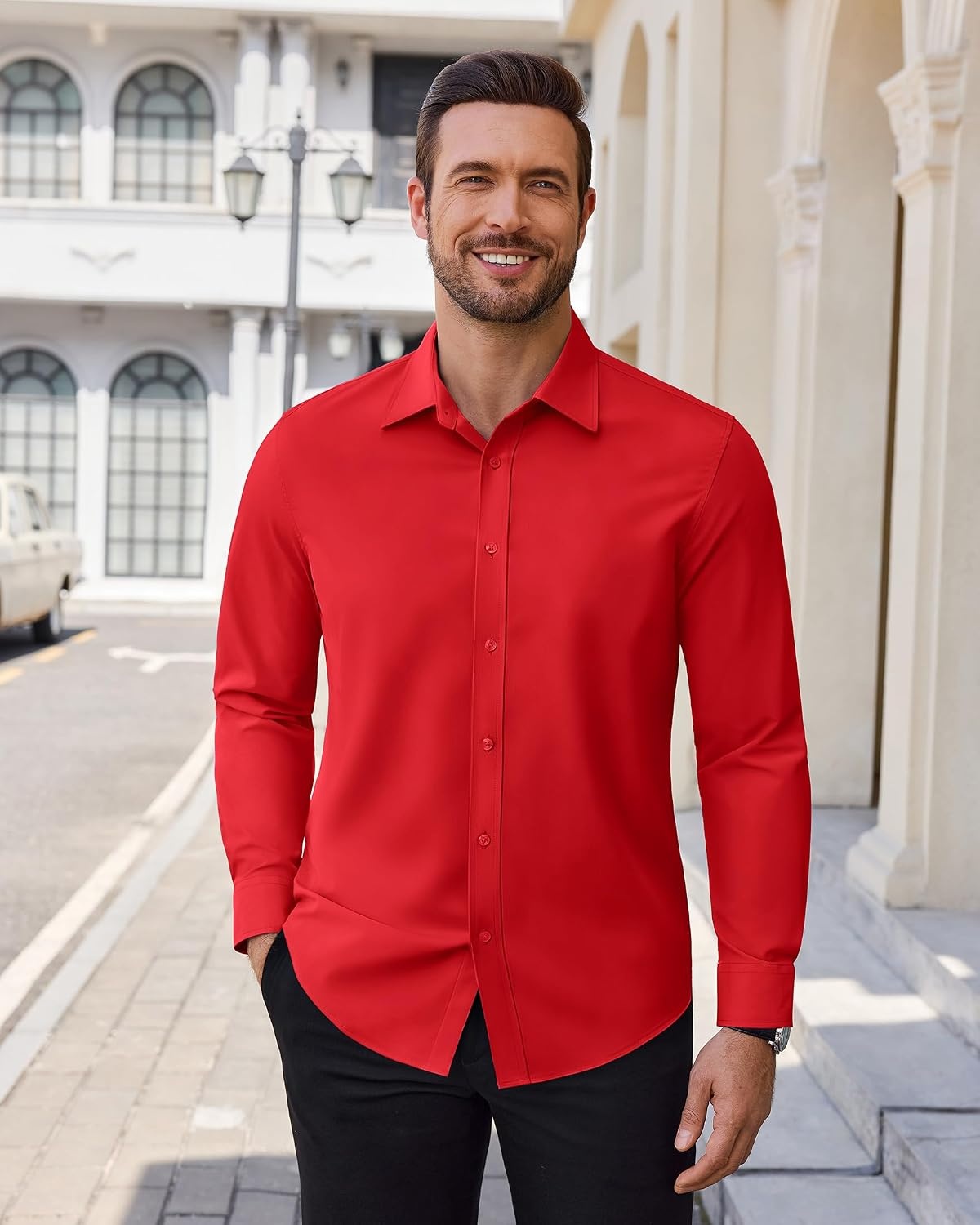 image:imageAlimens amp Gentle Stretch Dress Shirt for Men Button Down Long Sleeve ShirtRed