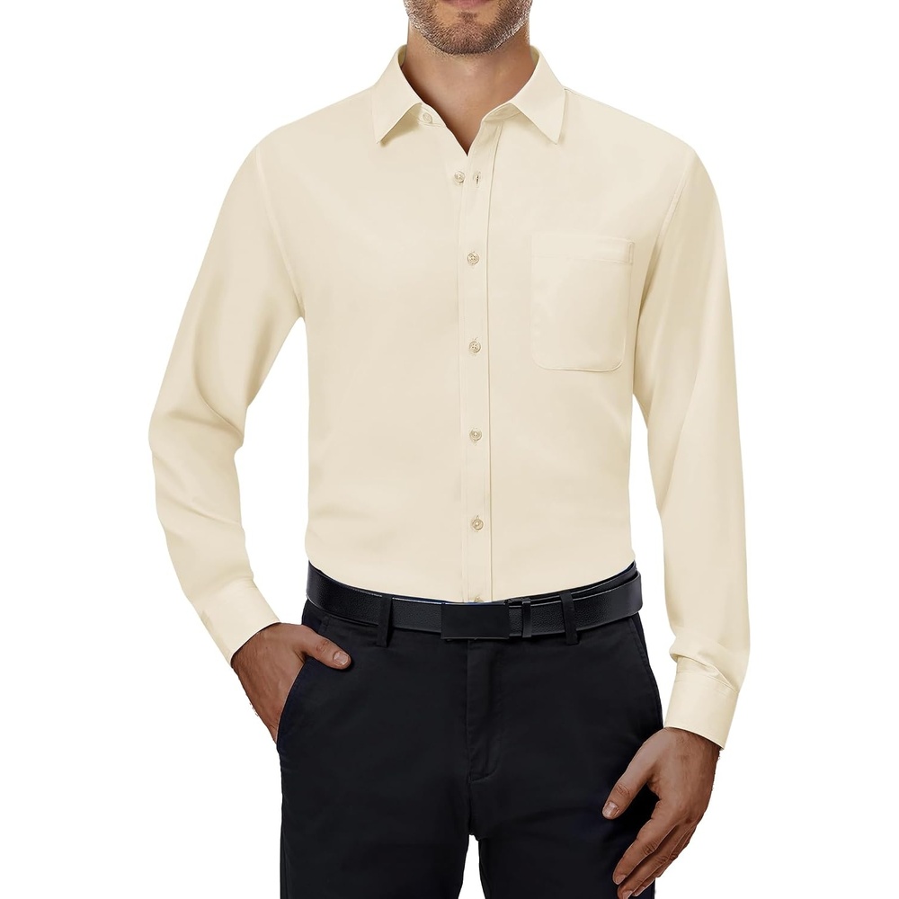 image:imageAlimens amp Gentle Mens Dress Shirts Long Sleeve Stretch Button Down ShirtBeige
