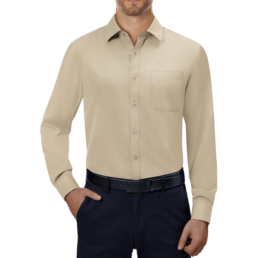 image:imageAlimens amp Gentle Mens Dress Shirts Long Sleeve Stretch Button Down ShirtKhaki