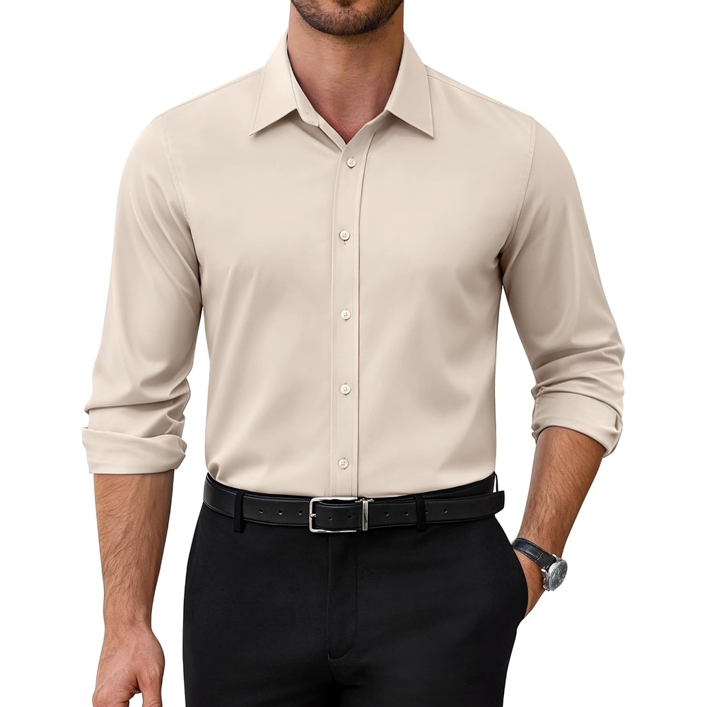 image:imageAlimens amp Gentle Stretch Dress Shirt for Men Button Down Long Sleeve ShirtBeige