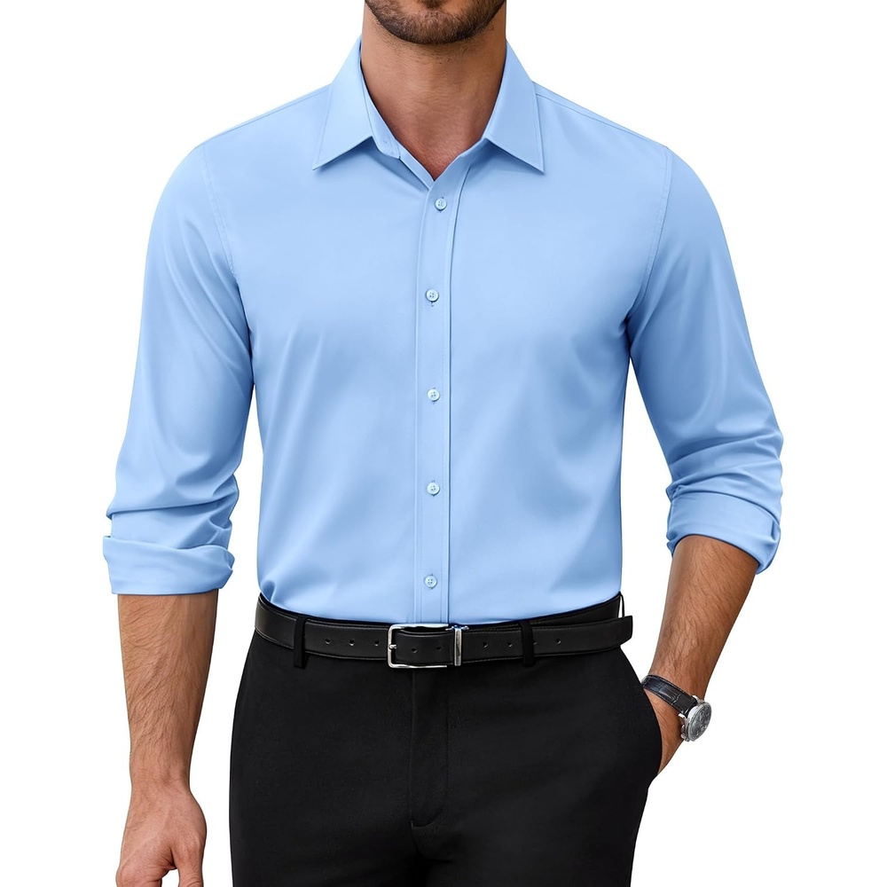 image:imageAlimens amp Gentle Stretch Dress Shirt for Men Button Down Long Sleeve ShirtLight Blue