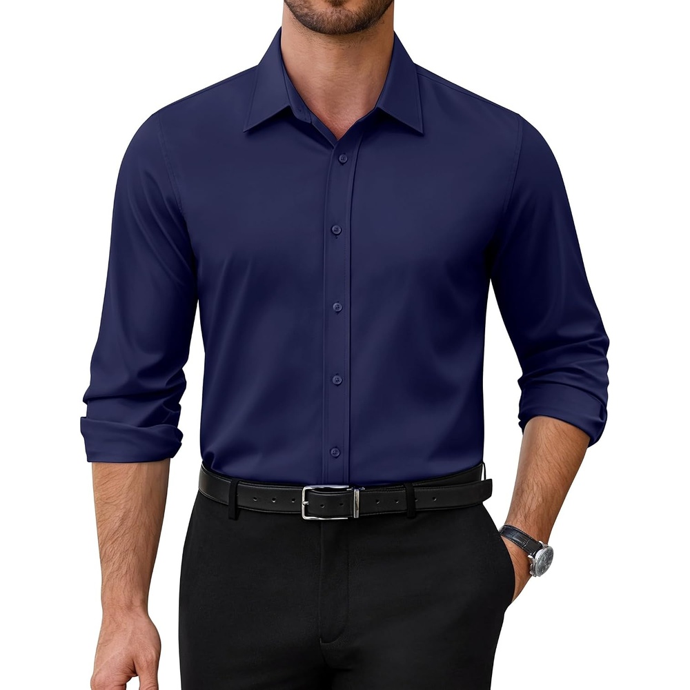 image:imageAlimens amp Gentle Stretch Dress Shirt for Men Button Down Long Sleeve ShirtNavy Blue